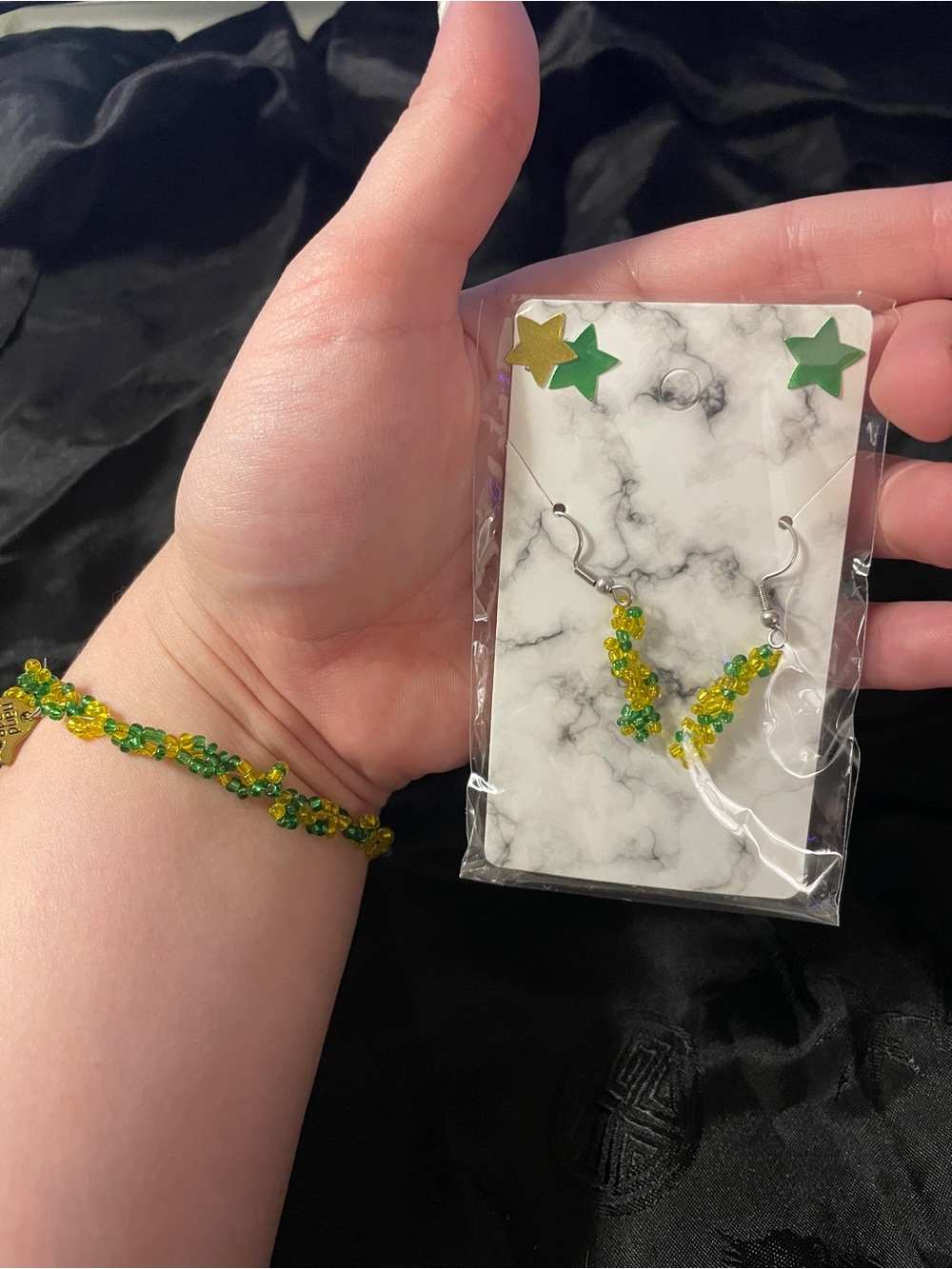 SET! Handmade Green & Yellow Beaded Bracelet and Earrings Set
